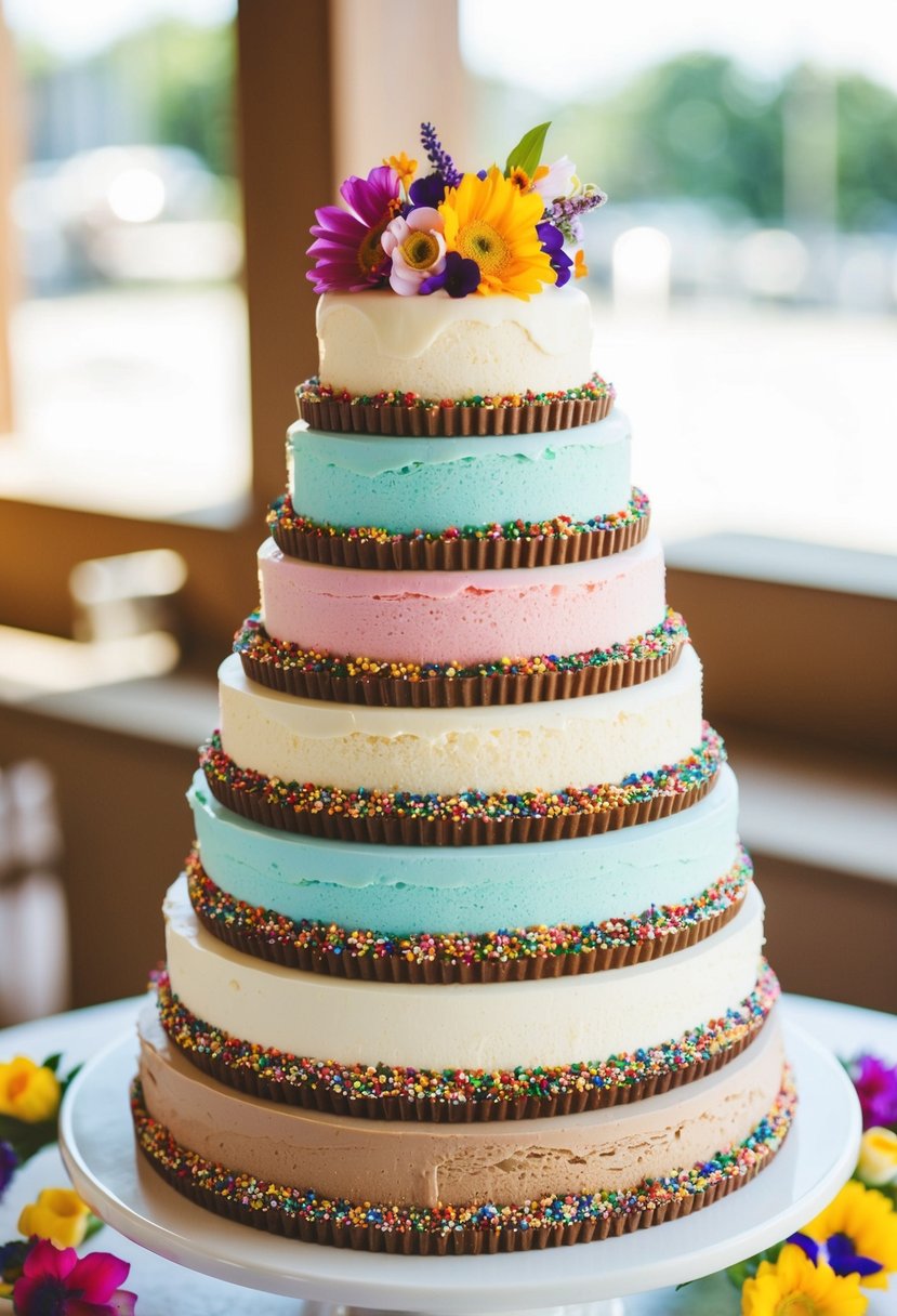 A tiered wedding cake made of stacked ice cream bars in various flavors, adorned with colorful sprinkles and edible flowers