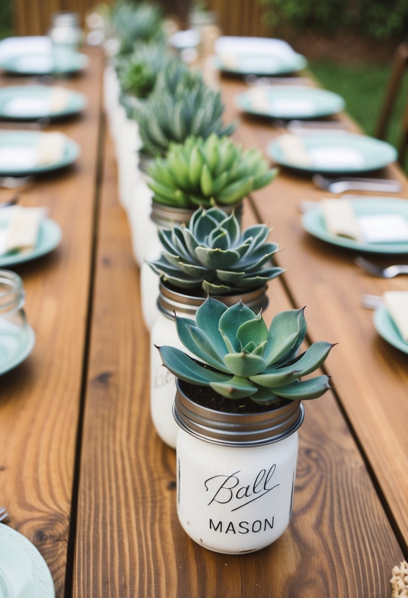 A wooden table adorned with mason jar potted succulents, creating a charming and rustic wedding centerpiece