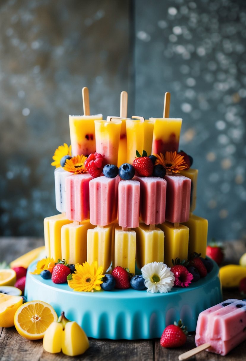 A colorful array of popsicles arranged in tiers, adorned with fresh fruit and edible flowers, set against a rustic backdrop