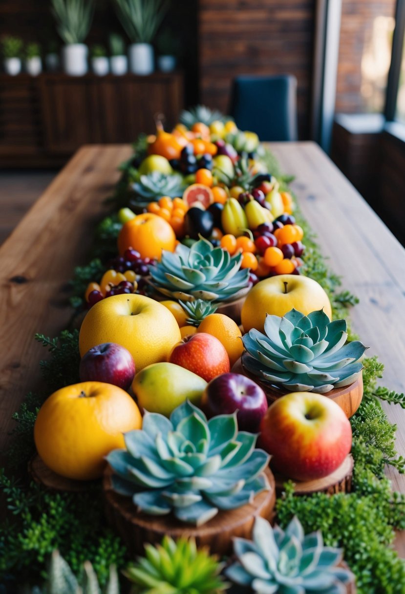 A wooden table adorned with a variety of colorful fruits and succulents arranged in a harmonious and elegant display