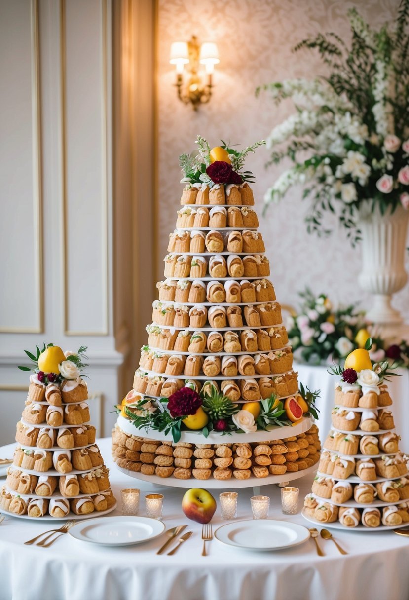 A table adorned with an array of ornate cannoli towers, adorned with flowers and fruits, set against a backdrop of elegant wedding decor