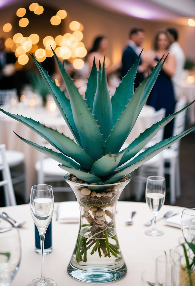 A clear glass vase holds a vibrant agave succulent, placed as a centerpiece on a wedding reception table