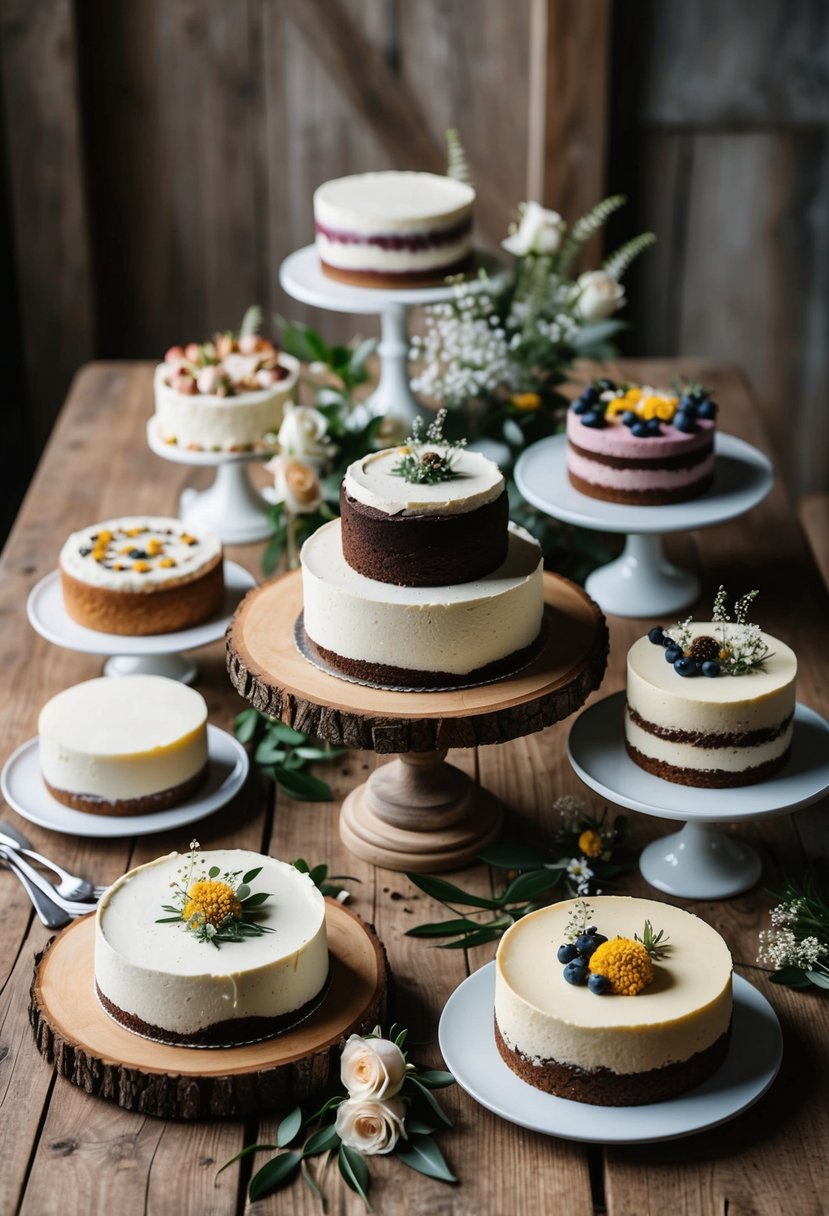 A rustic wooden table adorned with a variety of alternative wedding cakes, including cheesecake, surrounded by delicate floral arrangements and vintage cake stands