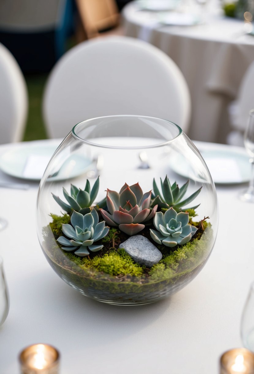 A simple glass terrarium filled with Echeveria succulents, moss, and small rocks, serving as a minimalist wedding table decoration