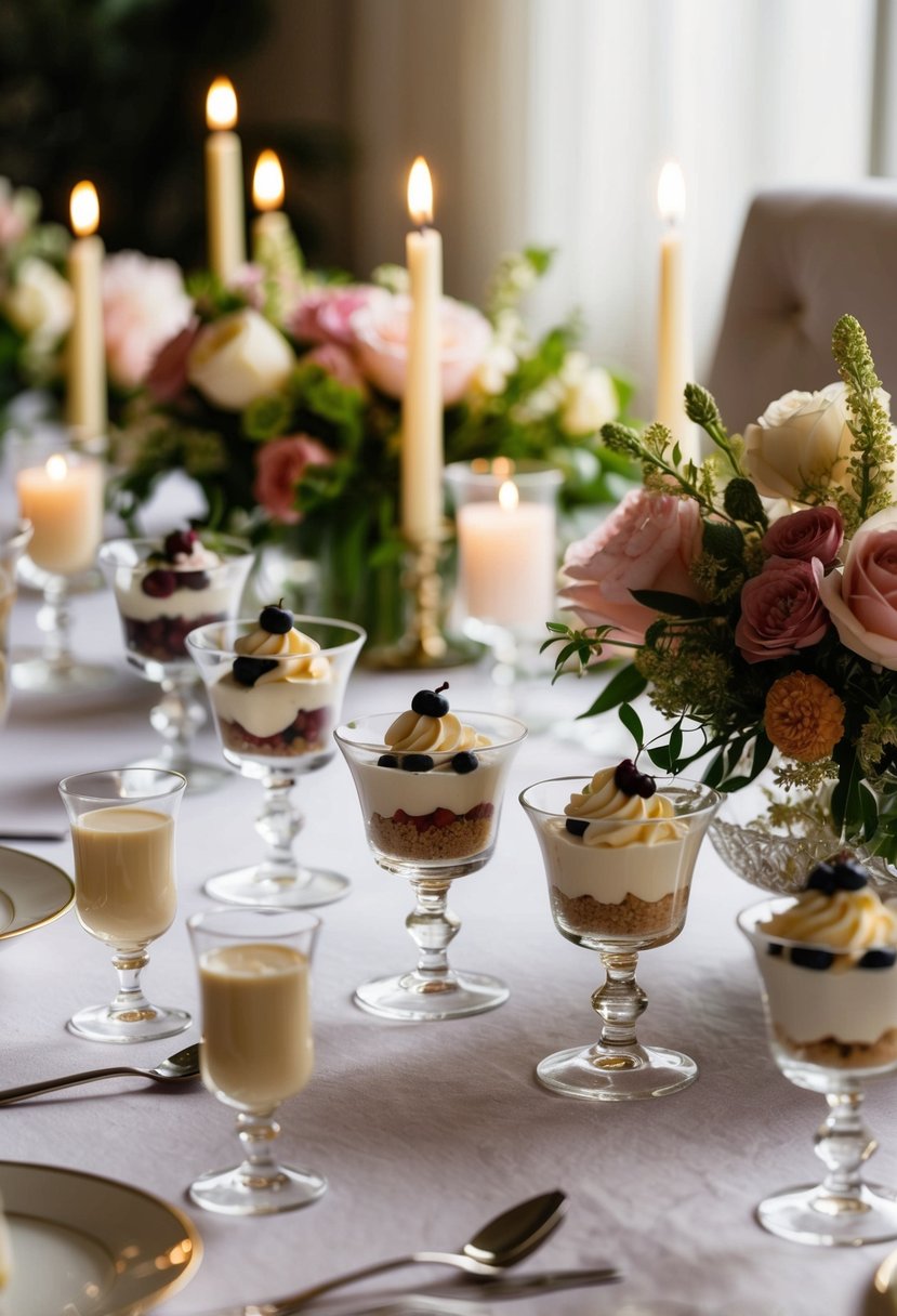 A table set with assorted parfait shooters in elegant glassware, surrounded by floral arrangements and soft candlelight