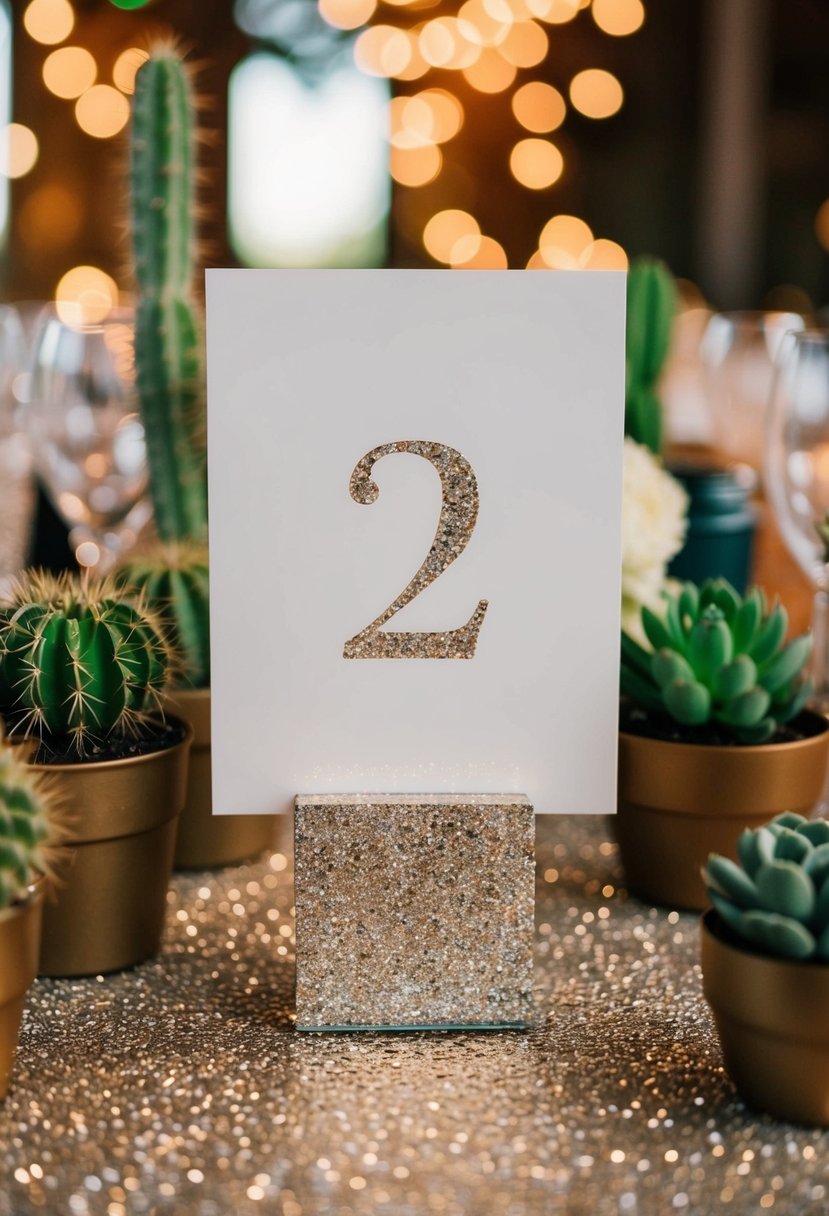 Glittery table numbers surrounded by cacti and succulent wedding decor