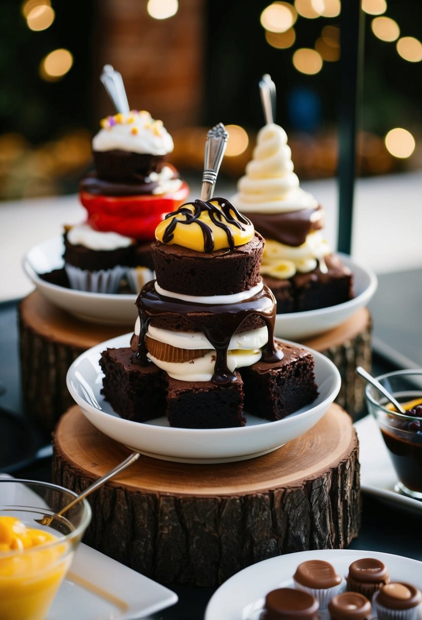 A decadent brownie sundae station with various toppings and sauces for an alternative wedding cake