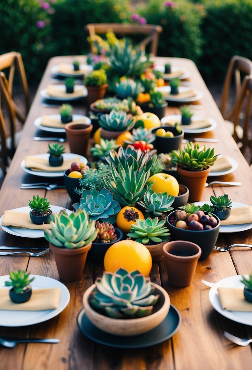 A wooden table set with a variety of succulents and fruits arranged in a mix of small pots and bowls, creating a lush and vibrant wedding centerpiece