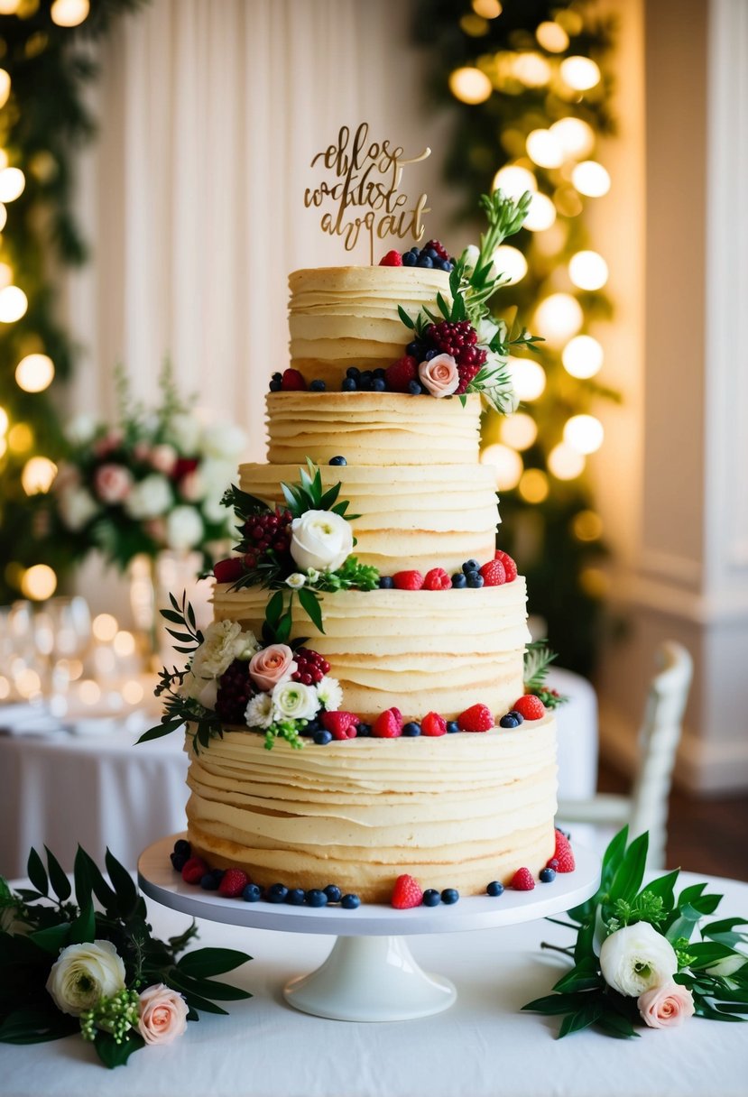 A tiered Crepe Cake adorned with fresh flowers and berries, set against a backdrop of elegant wedding decor