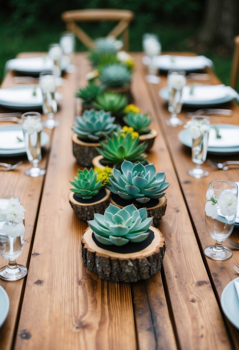 A rustic wooden table adorned with custom handmade succulent pieces, serving as beautiful and unique wedding table decorations