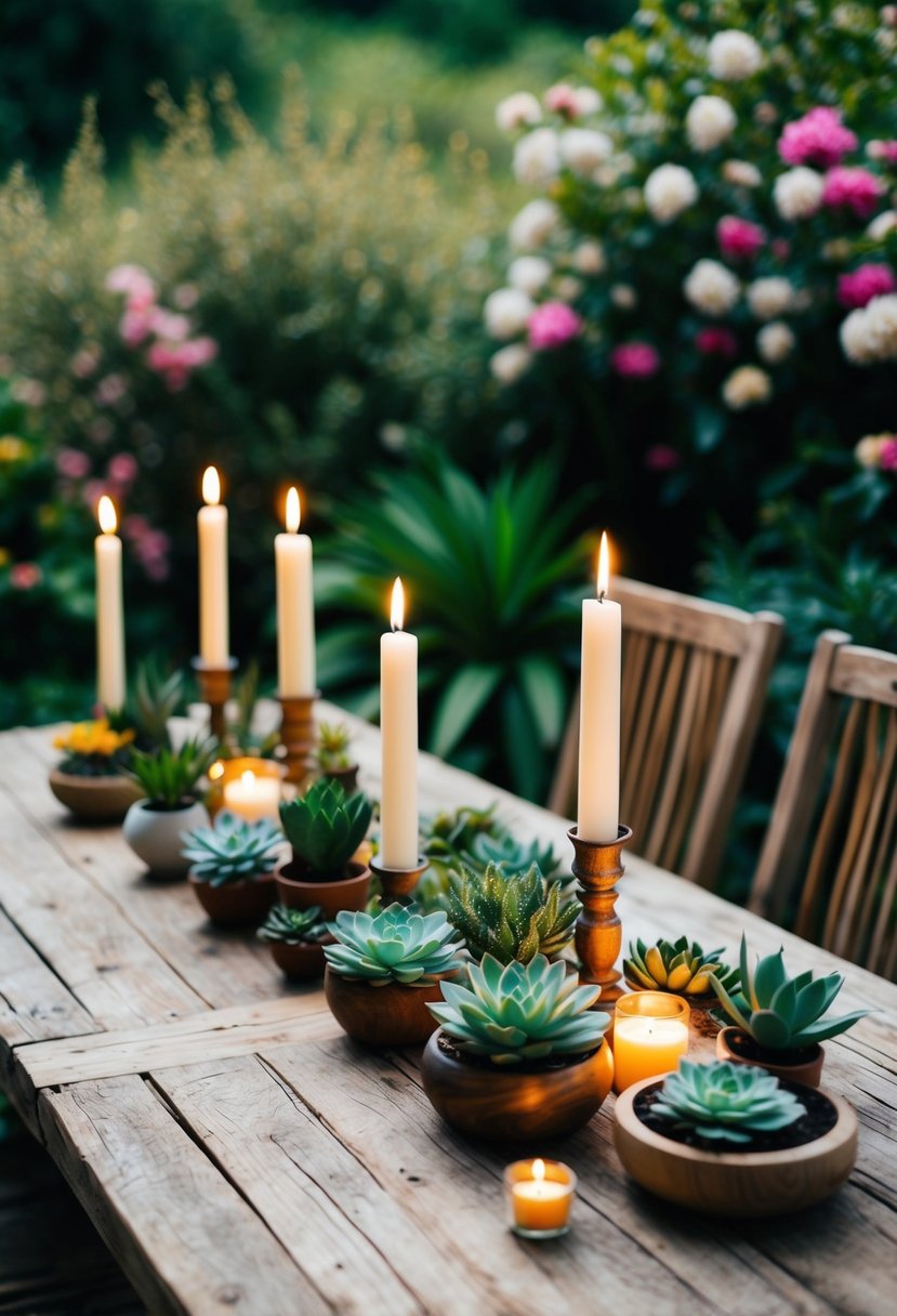 A rustic wooden table adorned with various succulent plants and candles, set against a backdrop of lush greenery and blooming flowers