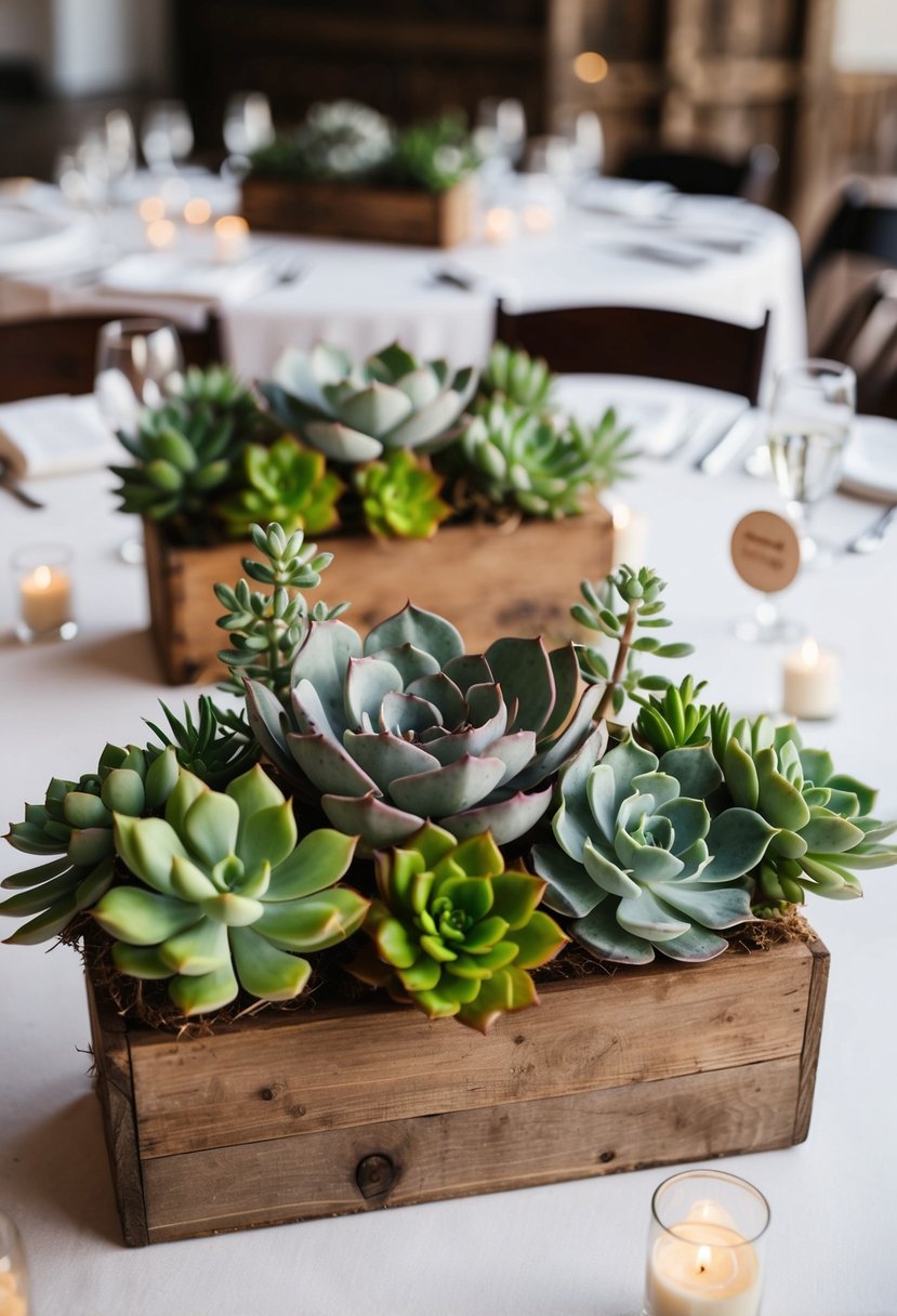 Lush green succulents arranged in rustic pots on wedding reception tables