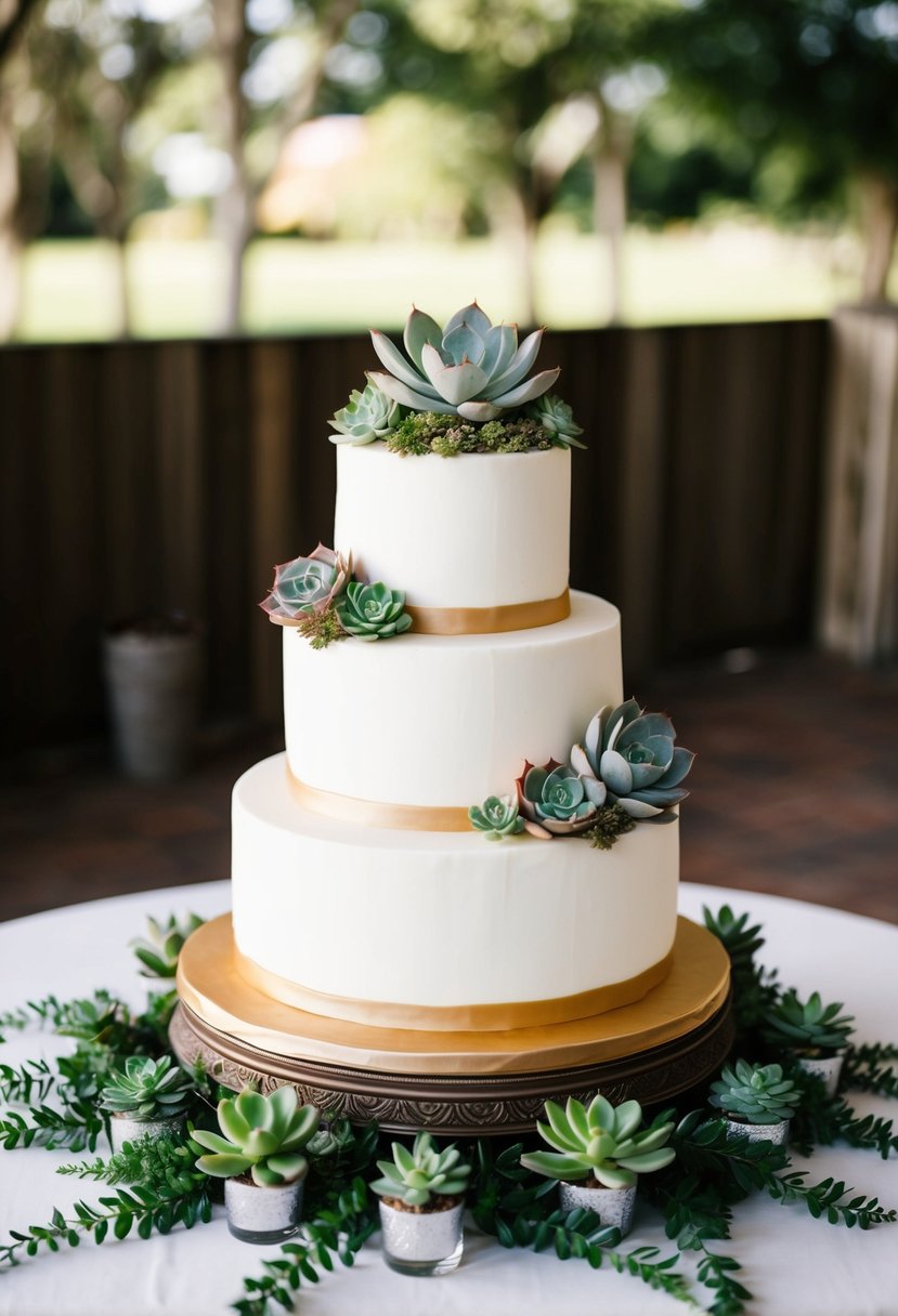 A three-tiered wedding cake adorned with succulent accents, surrounded by smaller succulent plants on a decorated table