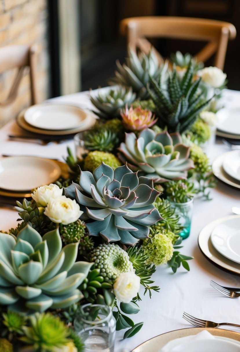 A table adorned with succulent bouquets in various shapes and sizes, creating an elegant and natural wedding centerpiece