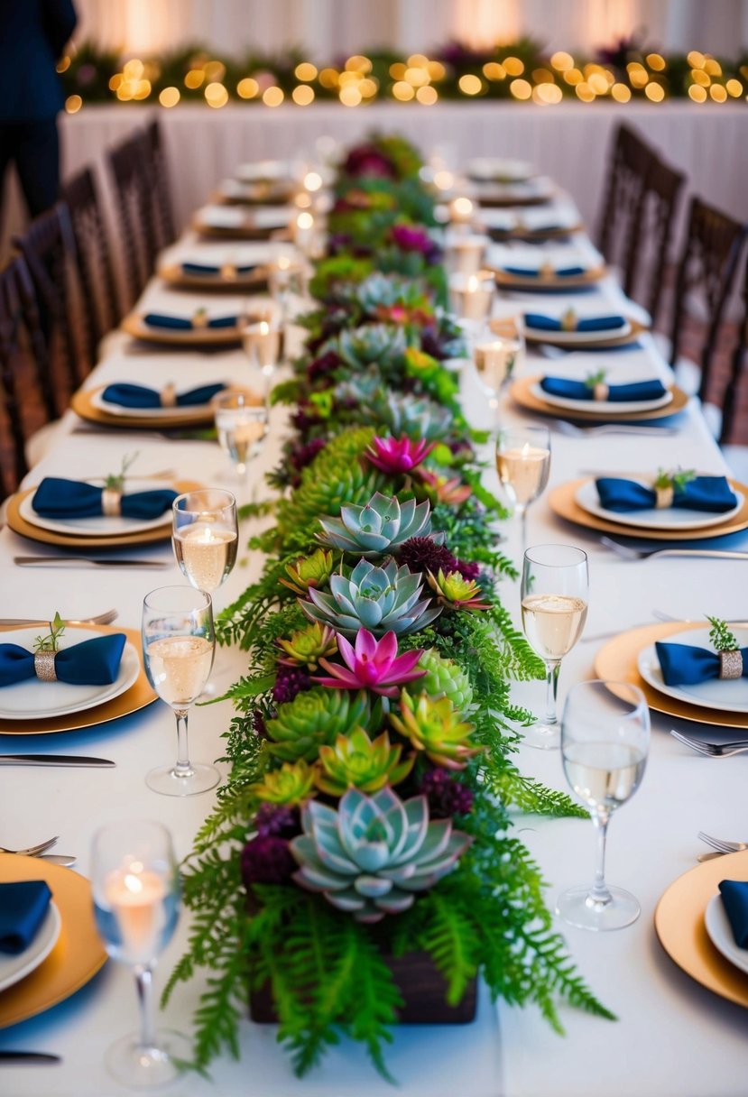 A long table adorned with a lush, vibrant succulent table runner, creating a stunning centerpiece for a wedding reception