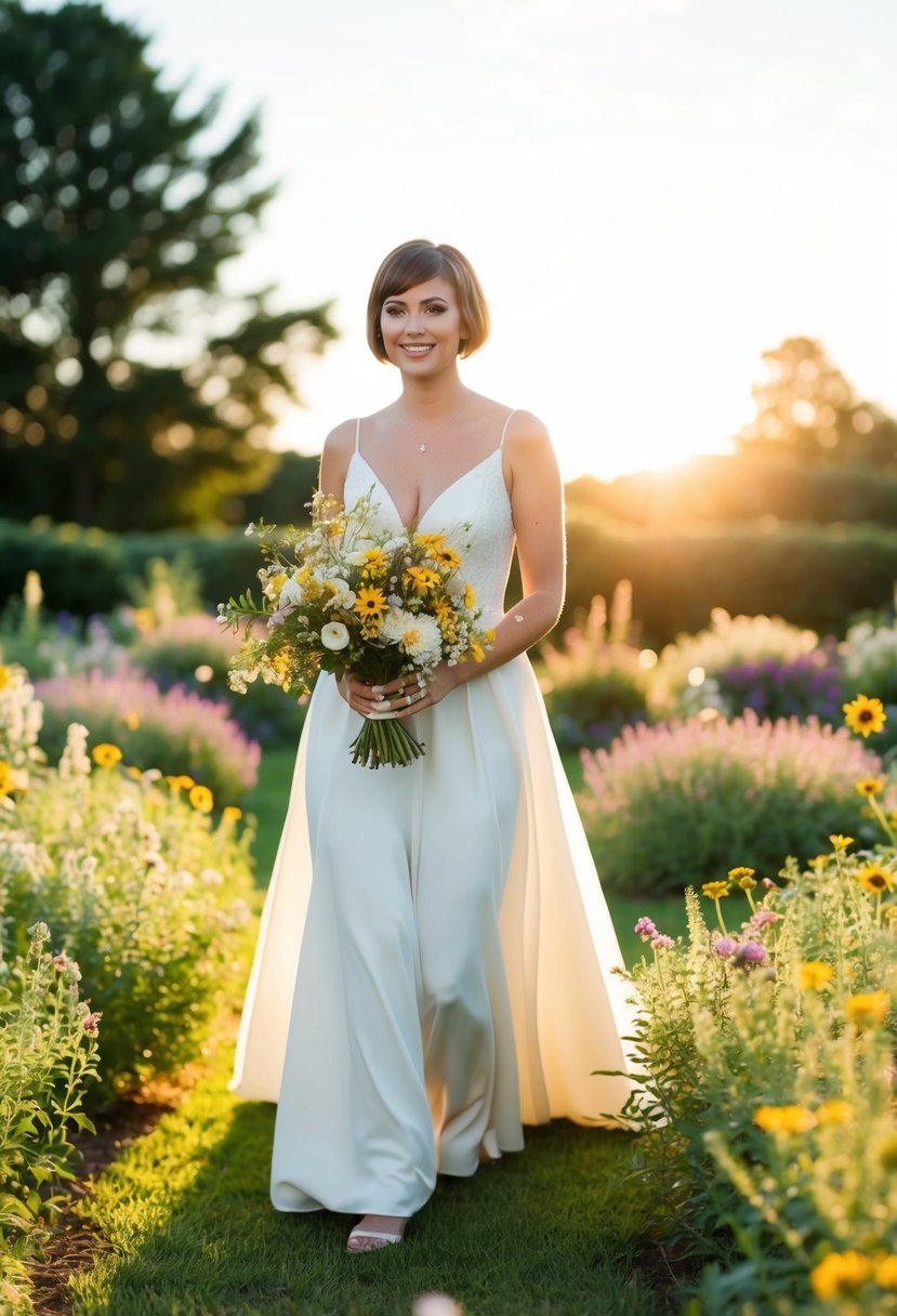 A bride with short hair walks through a garden, holding a bouquet of wildflowers. The sun sets behind her, casting a warm glow over the scene