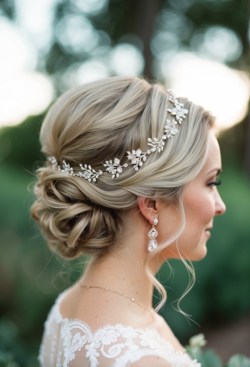 An elegant updo adorned with delicate accessories for a short hair wedding look