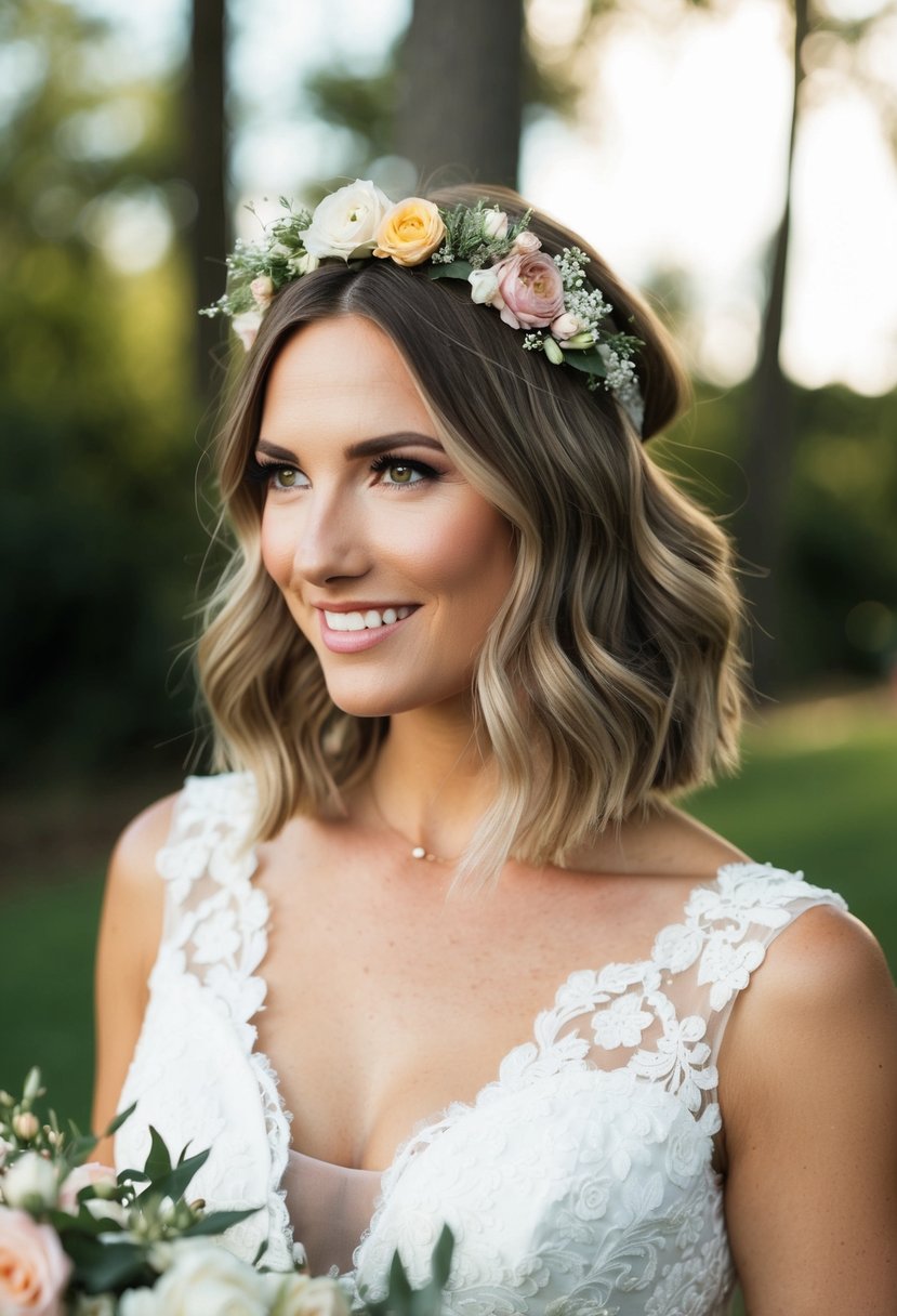 A bride with short boho waves wearing a floral headband at a wedding