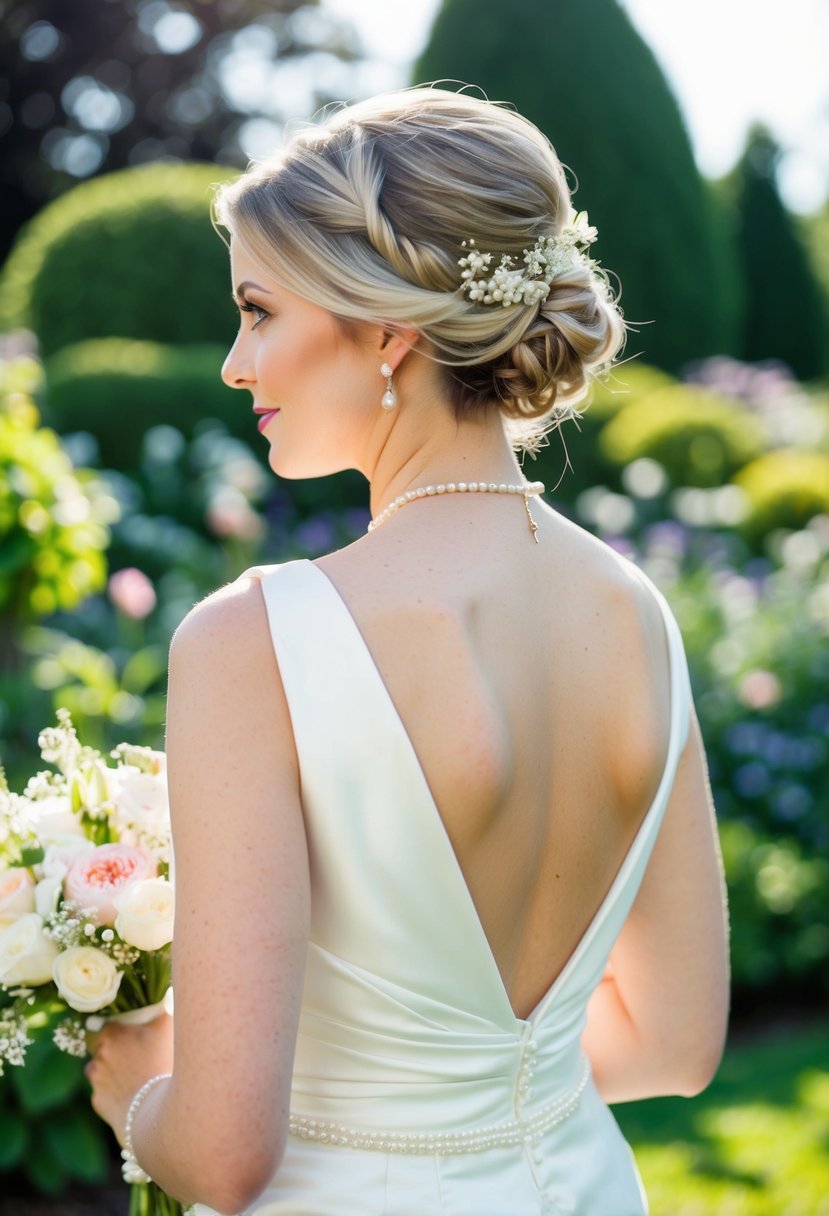 A bride with short hair wears a twisted half-up style, adorned with delicate flowers and pearls, standing in a sunlit garden