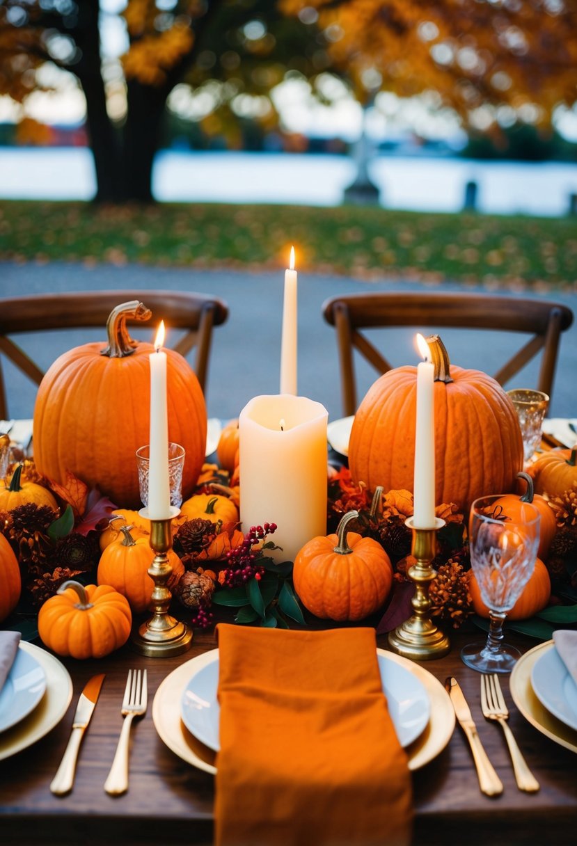 An autumn-themed wedding table with pumpkins, candles, and vibrant fall foliage as decorations