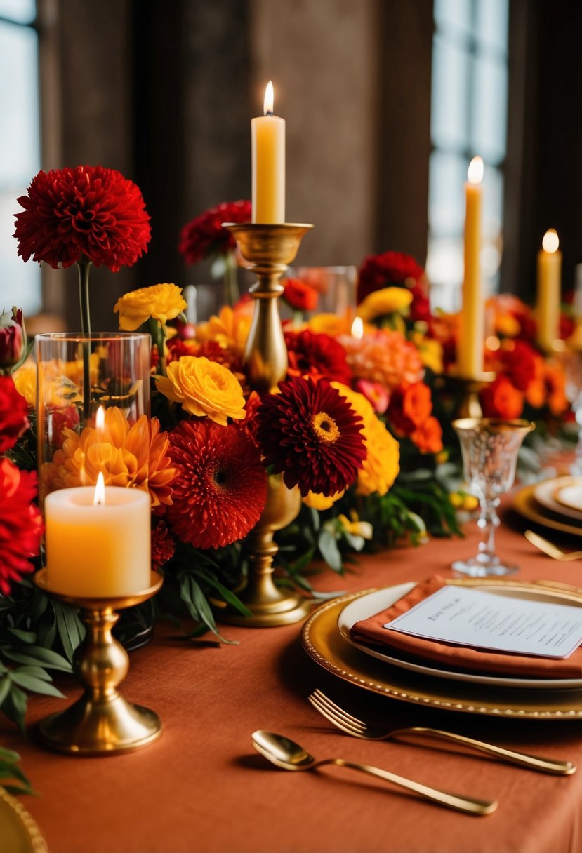 A table adorned with rich red, orange, and yellow flowers, alongside golden candle holders and warm-toned linens