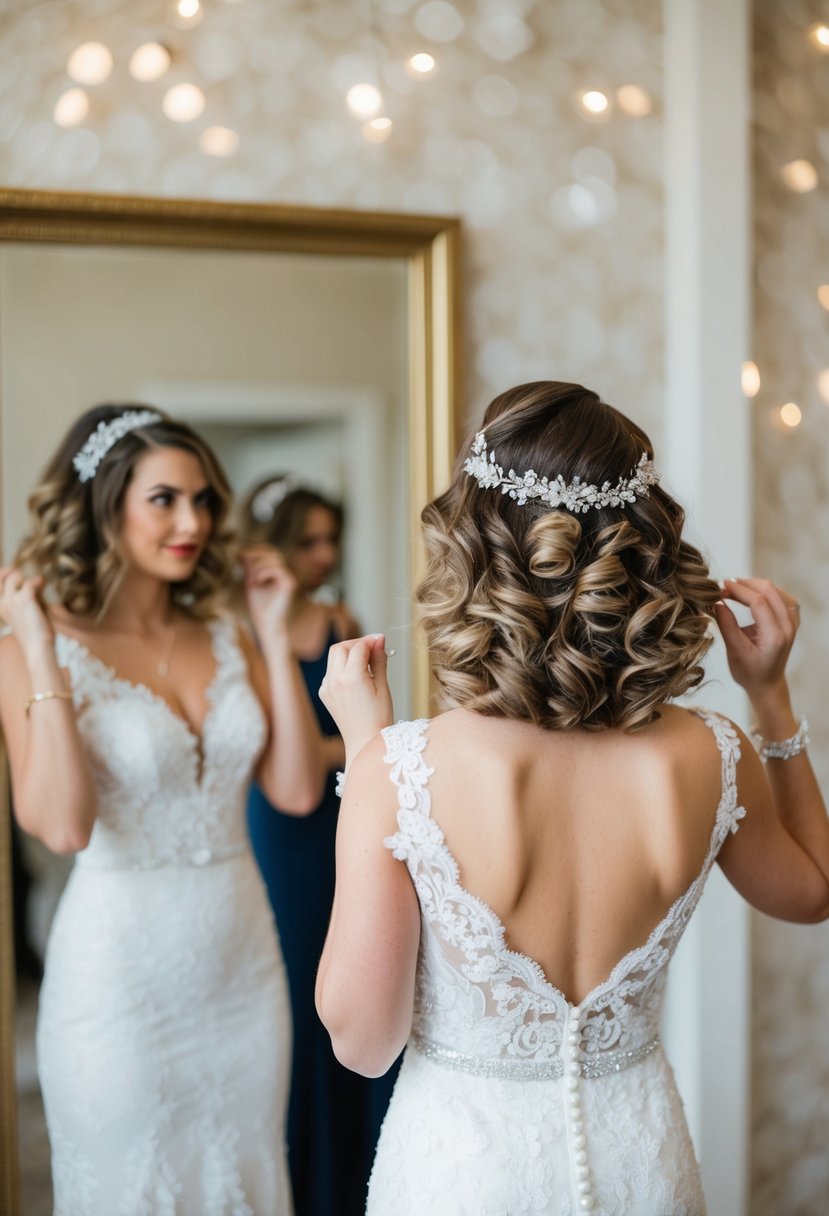 A bride with curly short hair adorned with extensions, standing in front of a mirror, trying on different wedding hair accessories