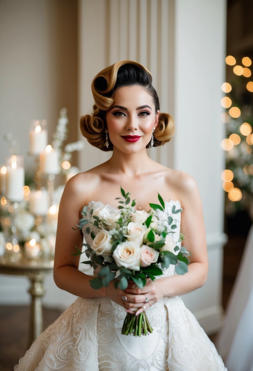 A vintage-inspired short hair bride with glamorous retro curls, holding a bouquet, surrounded by elegant wedding decor