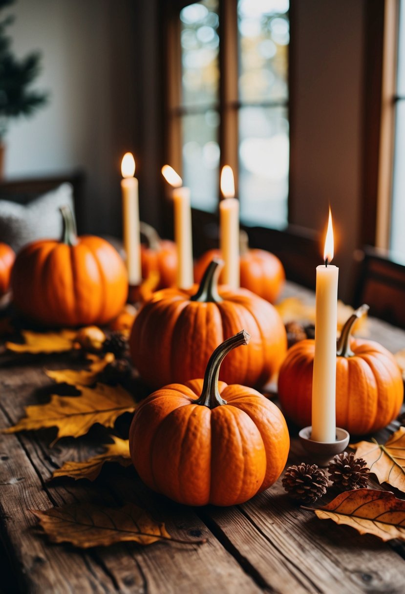 A rustic wooden table adorned with vibrant orange pumpkins, dried leaves, and flickering candles, creating a cozy autumn atmosphere