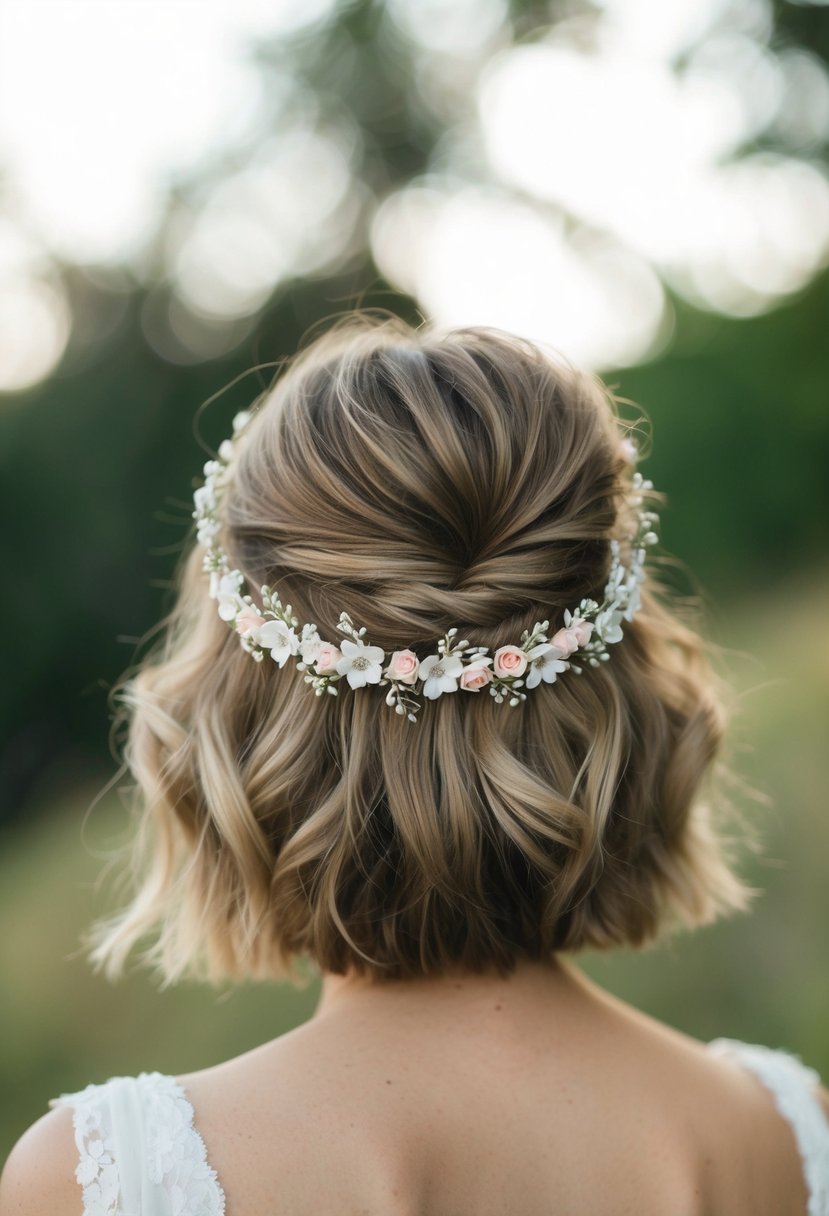 A delicate floral tiara rests atop a short, tousled hairdo, adding a touch of elegance to a casual wedding look