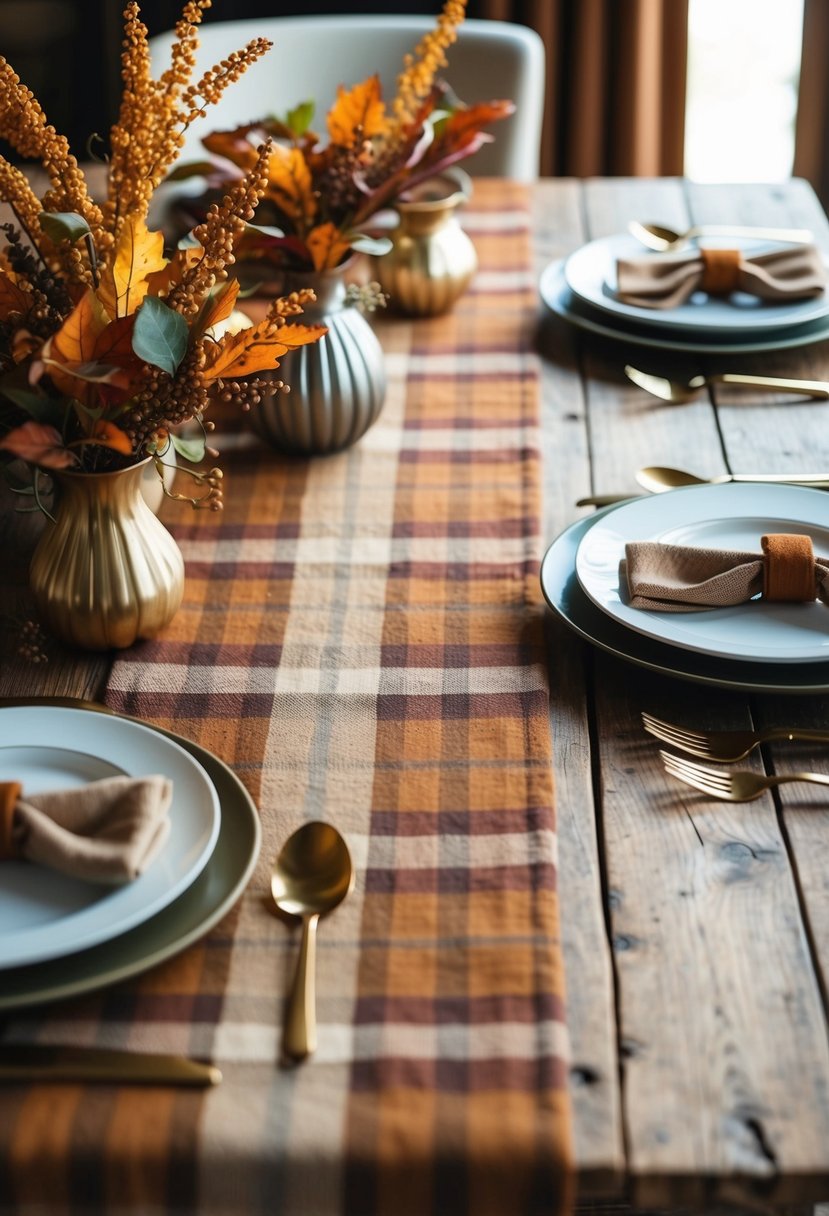 A rustic wooden table adorned with plaid table runners in warm fall colors, complemented by seasonal foliage and elegant tableware