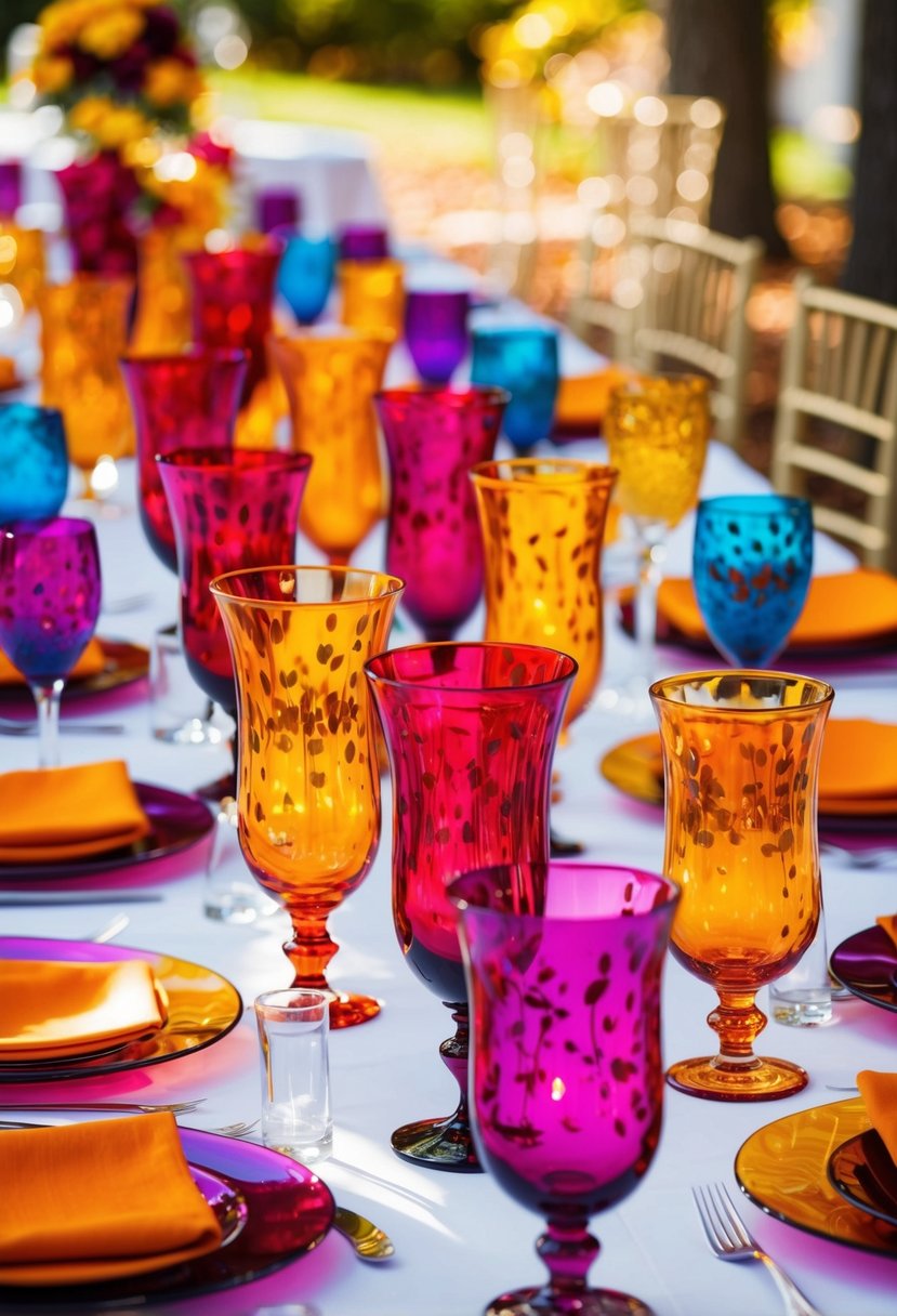 Vibrant glassware in rich fall hues arranged on a wedding table, catching the light and casting colorful reflections