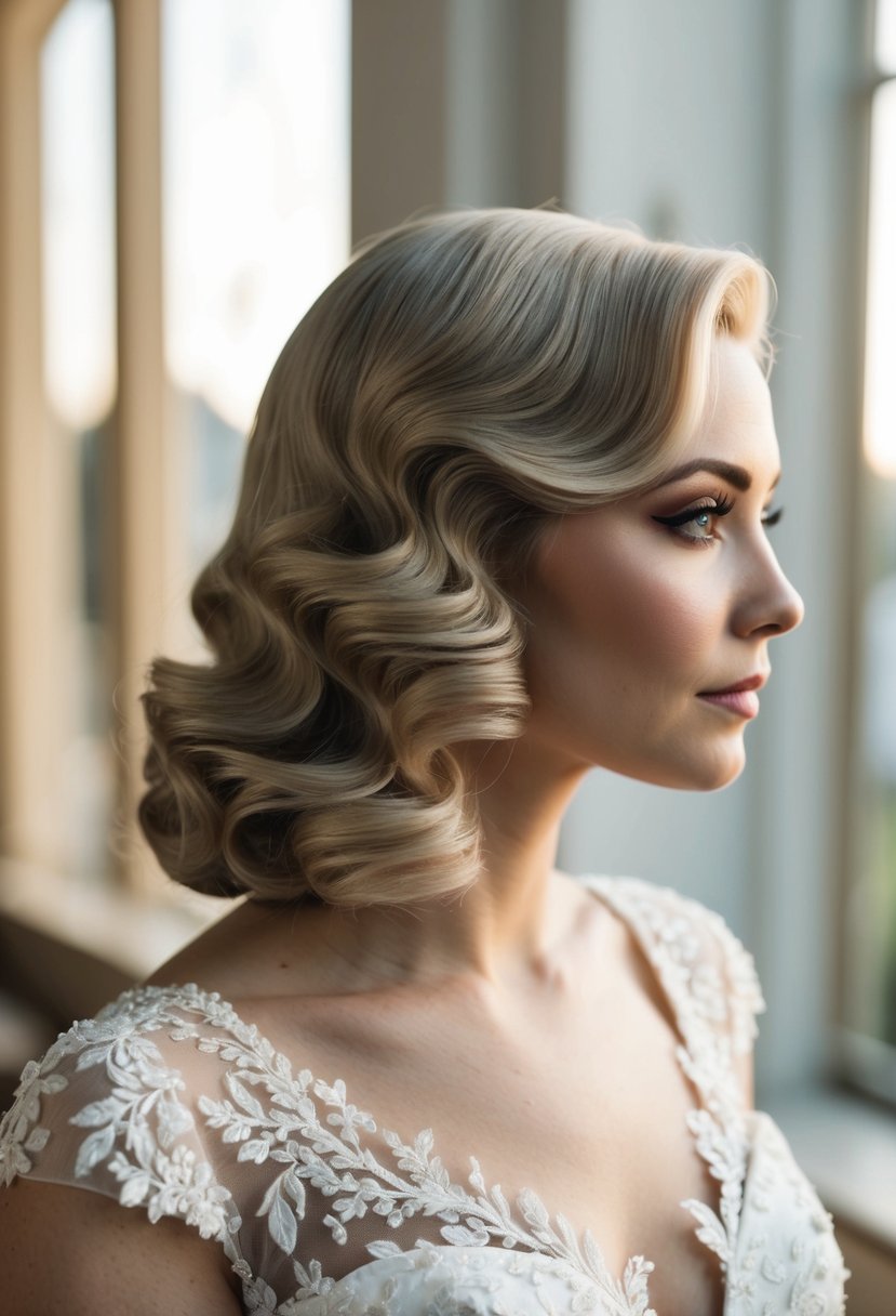 A vintage-inspired short hair wedding look with elegant finger waves cascading down in soft, romantic waves