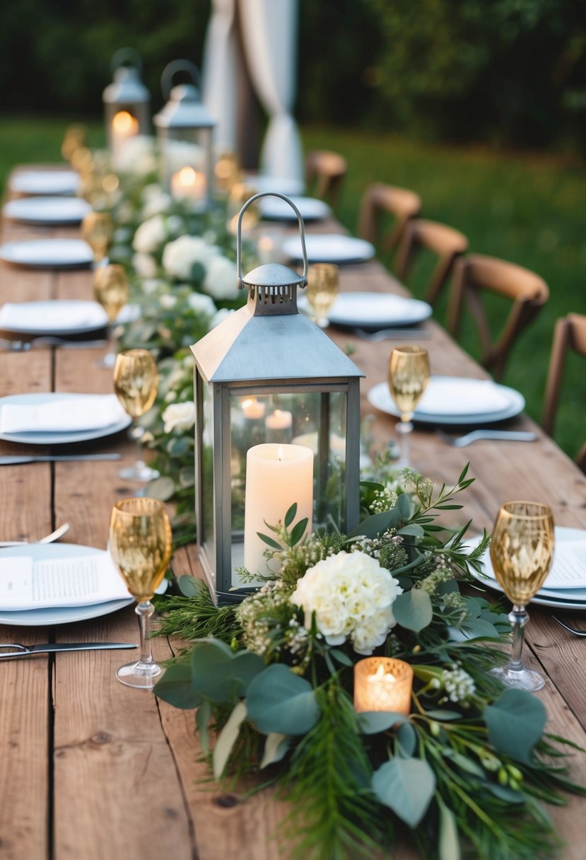 A rustic wooden table adorned with lanterns, greenery, and delicate flowers, creating a romantic and enchanting atmosphere for a wedding celebration