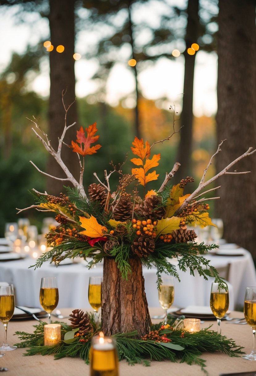 A rustic woodland branch centerpiece adorned with vibrant fall foliage and small decorative elements, set on a wedding reception table