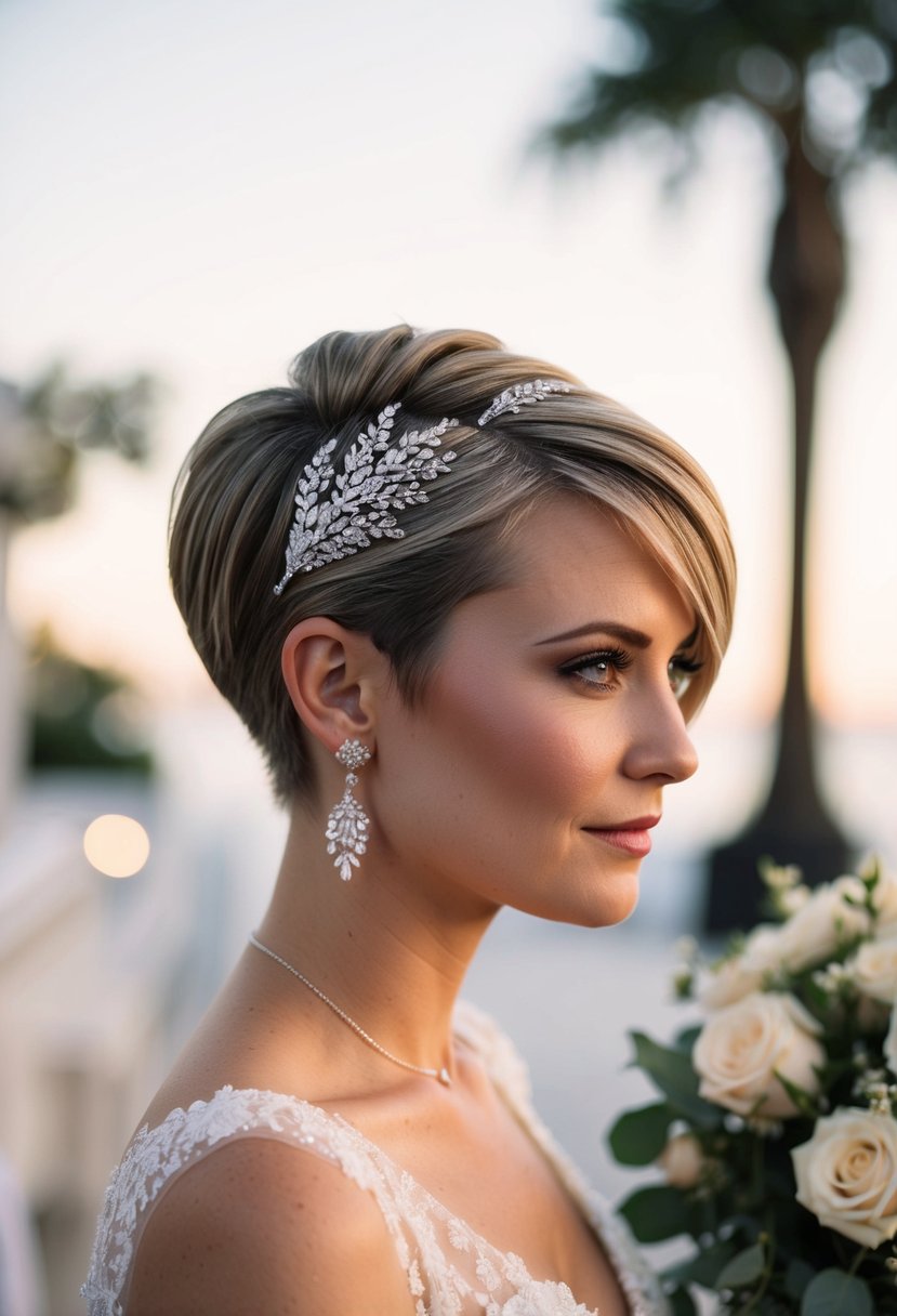 A bride with a side-swept pixie cut adorned with sparkling hair accessories, standing in a romantic wedding setting