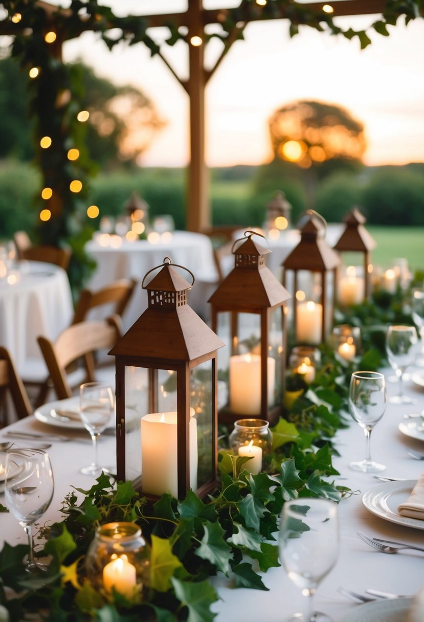 Rustic lanterns adorned with ivy garlands illuminate a wedding table