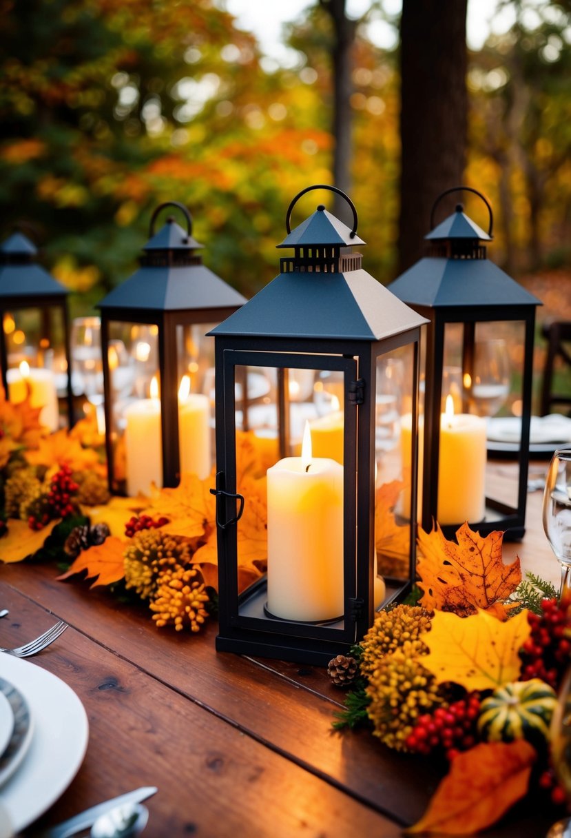 Rustic lanterns with flickering candles illuminate an autumn wedding table, surrounded by vibrant fall foliage