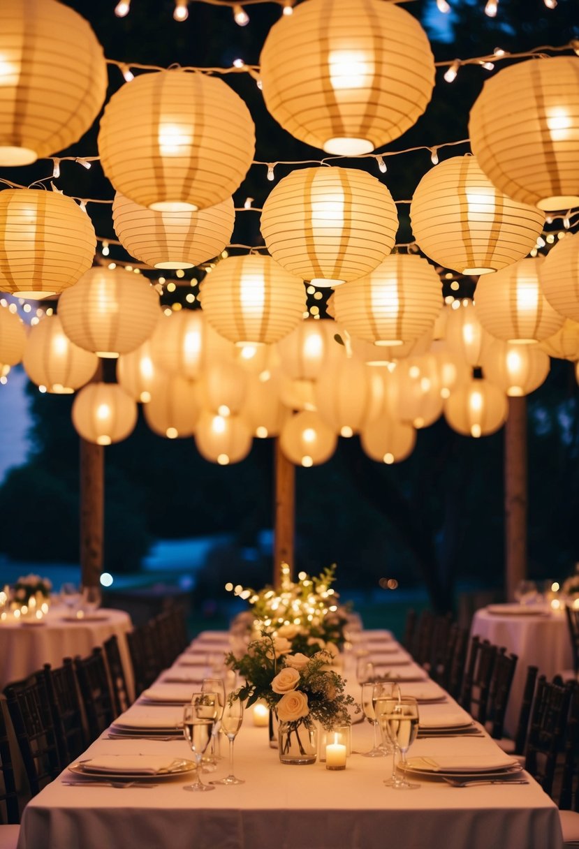 Glowing paper lanterns hang above a wedding table, adorned with fairy lights for a romantic and enchanting atmosphere