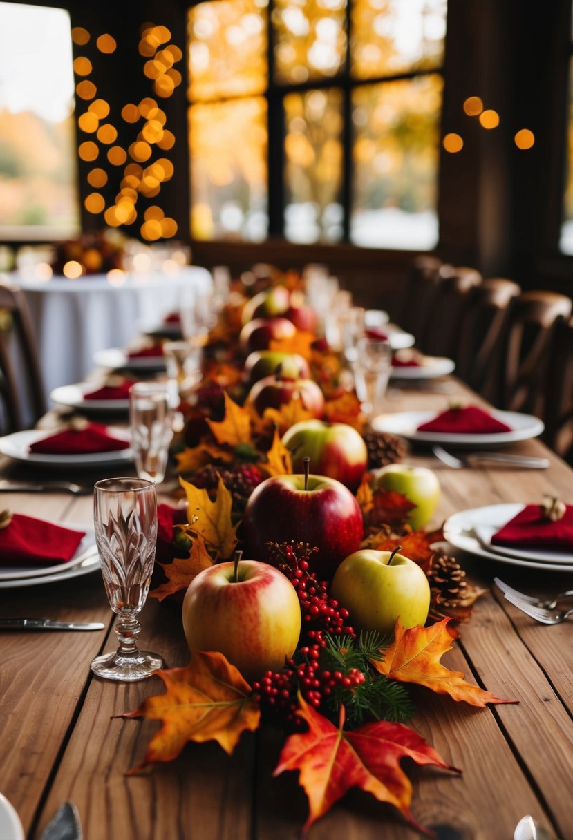 A wooden table adorned with autumn leaves, apples, and berries in rich red and gold hues, creating a warm and inviting wedding centerpiece