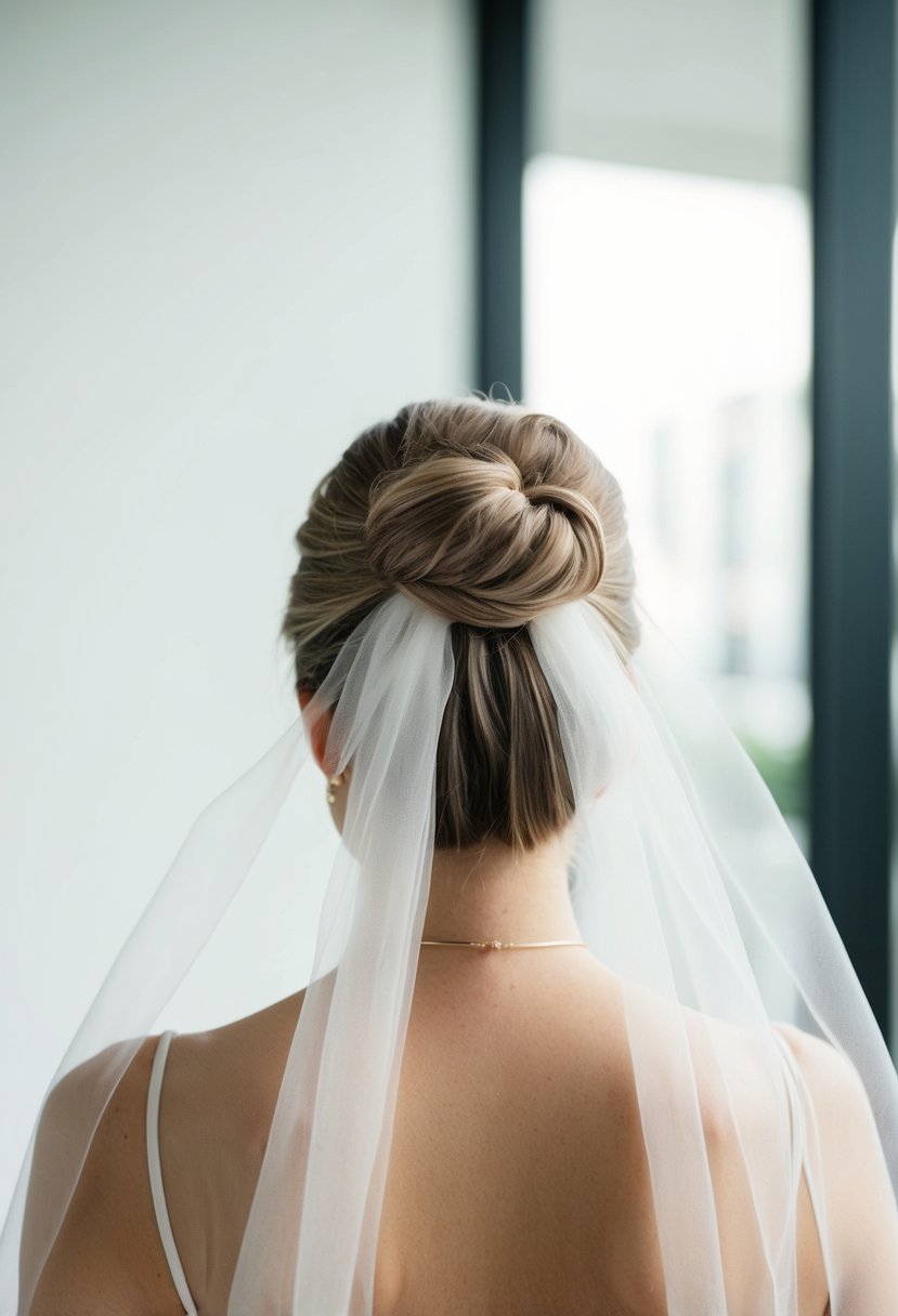 A simple bun with a delicate veil, set against a clean, modern backdrop