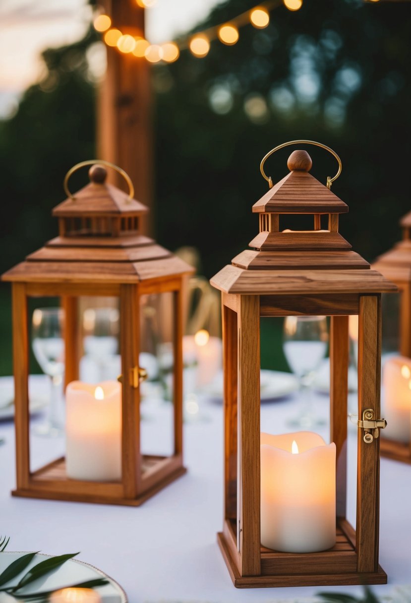 Wooden lanterns with flameless candles illuminate a wedding table