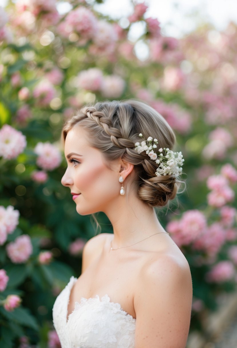 A bride with short hair wears a romantic side braid, adorned with delicate flowers, against a backdrop of blooming garden