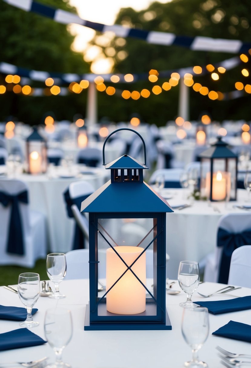 Navy blue ribbon adorned lanterns illuminate wedding tables