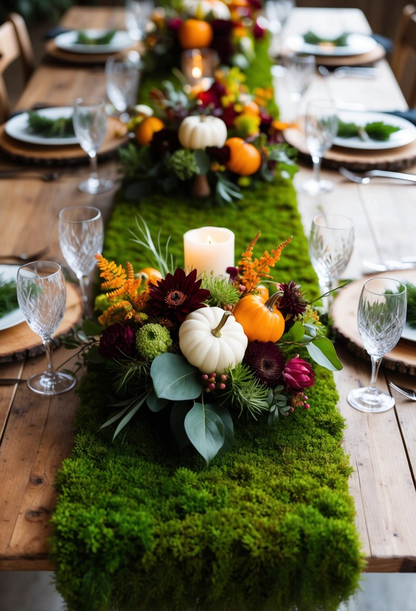 A lush, green moss runner adorned with vibrant fall florals and foliage, set on a rustic wooden table for a wedding celebration