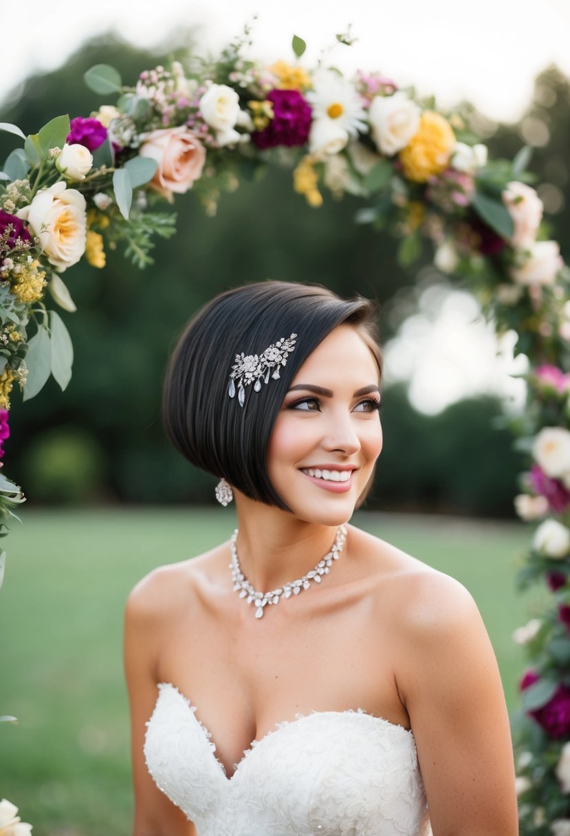 A textured bob with jewels short hair bride standing under a floral arch at an outdoor wedding