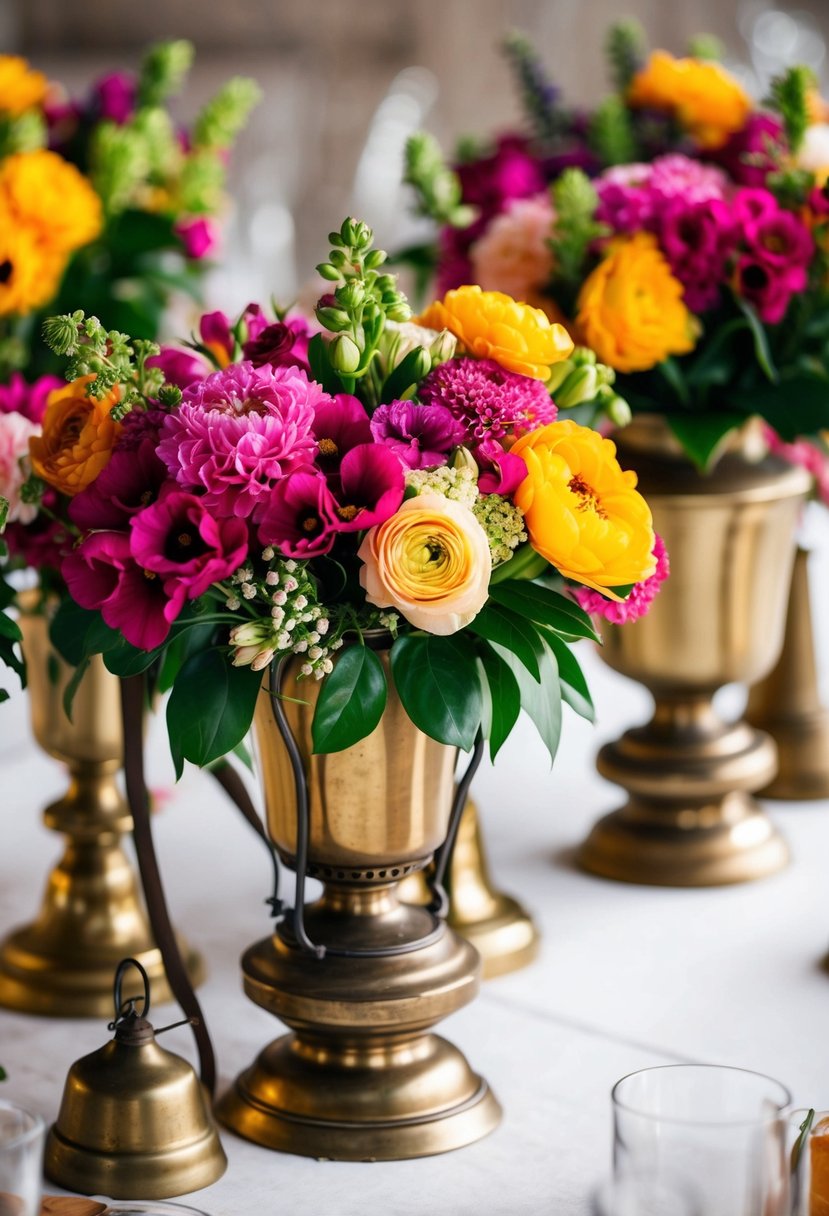 A cluster of antique brass lanterns filled with vibrant flowers, creating a romantic and elegant wedding table decoration