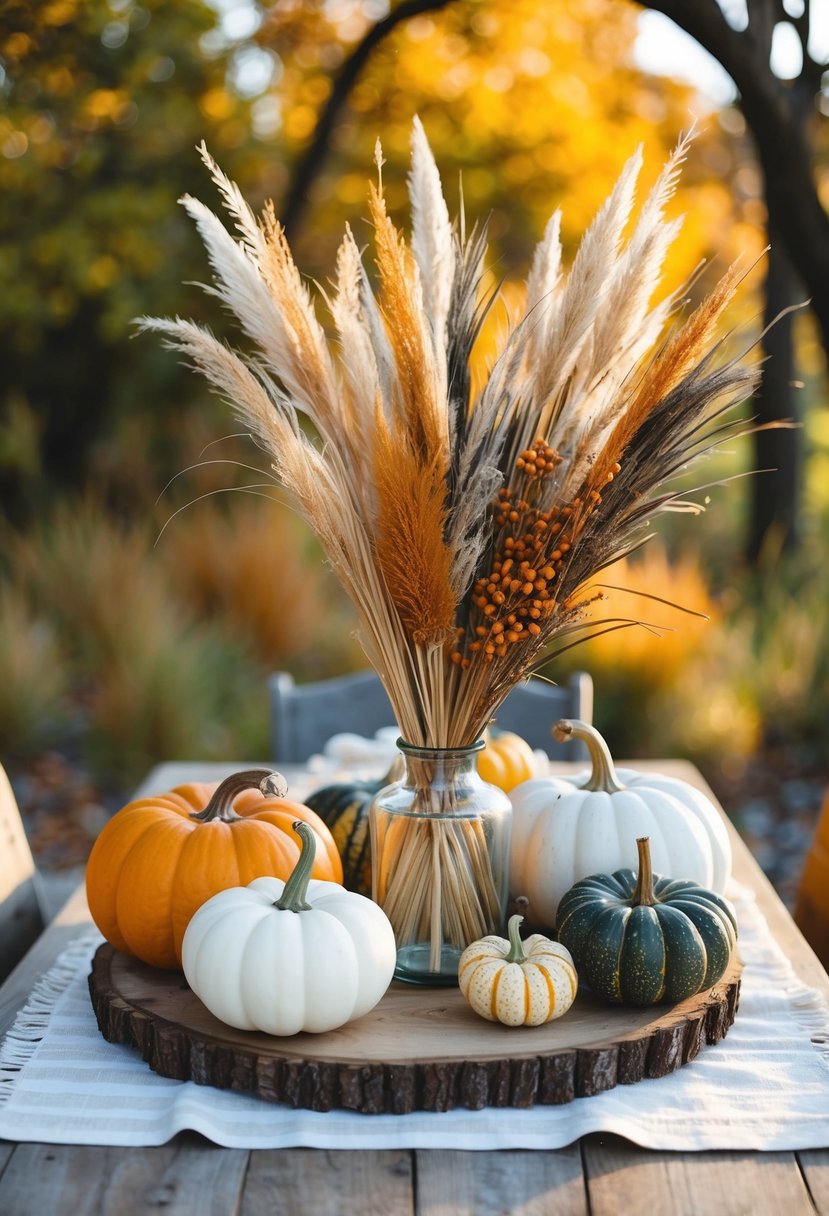 A rustic table adorned with dried grasses and gourds in warm fall colors