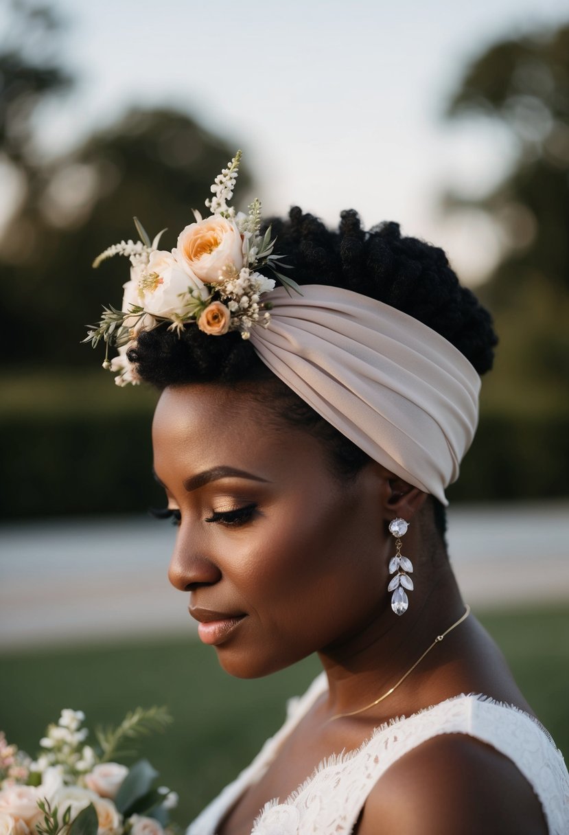 A chic headwrap adorned with delicate floral accents atop a short-haired bride at a modern wedding