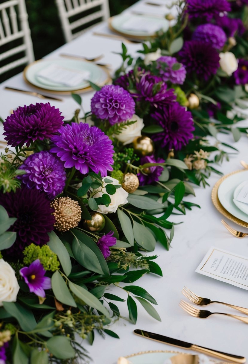 Rich purple flowers and foliage arranged on a wedding table, with gold accents and elegant details