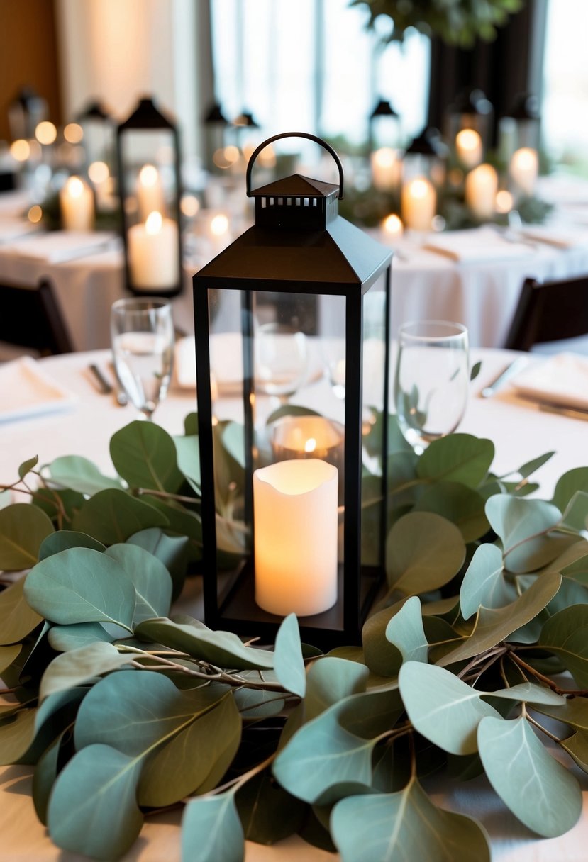 Lanterns surrounded by eucalyptus leaves, creating a romantic wedding table decoration